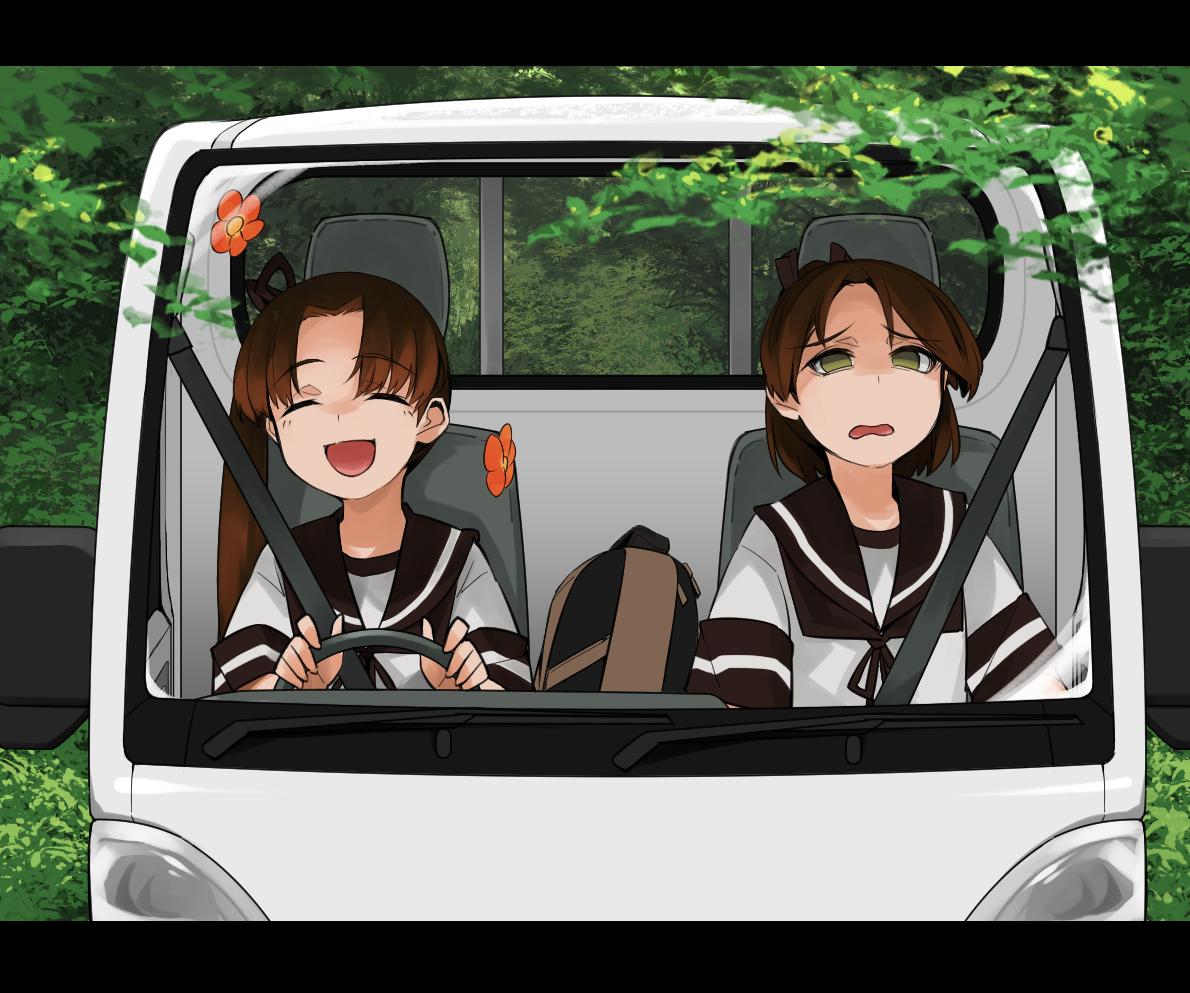 2girls, ayanami_(kantai_collection), bag, bangs, brown_hair, brown_sailor_collar, car, closed_eyes