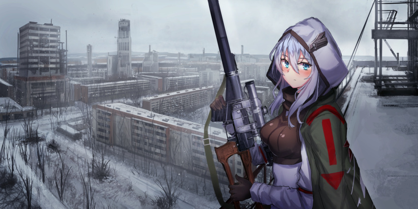 1girl, blue_eyes, blush, gloves, gun, holding, holding_gun, holding_weapon