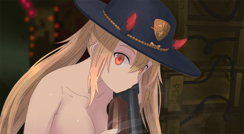 1girl, bangs, blonde_hair, breasts, collarbone, demon_horns, girls_frontline, gun