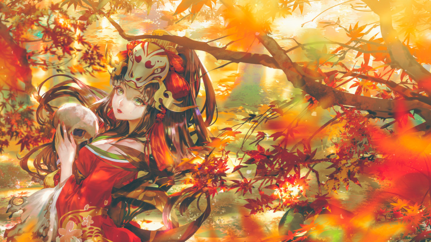 1girl, autumn_leaves, bangs, blurry, blurry_foreground, breasts, brown_hair, cleavage, commentary_request, day, depth_of_field, fingernails, green_eyes, hair_ornament, holding, holding_skull, japanese_clothes, kimono, kiyohime_(onmyoji), leaf, long_fingernails, long_hair, long_sleeves, looking_at_viewer, looking_to_the_side, maple_leaf, mask, mask_on_head, nail_polish, onmyoji, outdoors, red_kimono, red_nails, say_hana, sharp_fingernails, skull, solo, tree_branch, very_long_hair, wide_sleeves