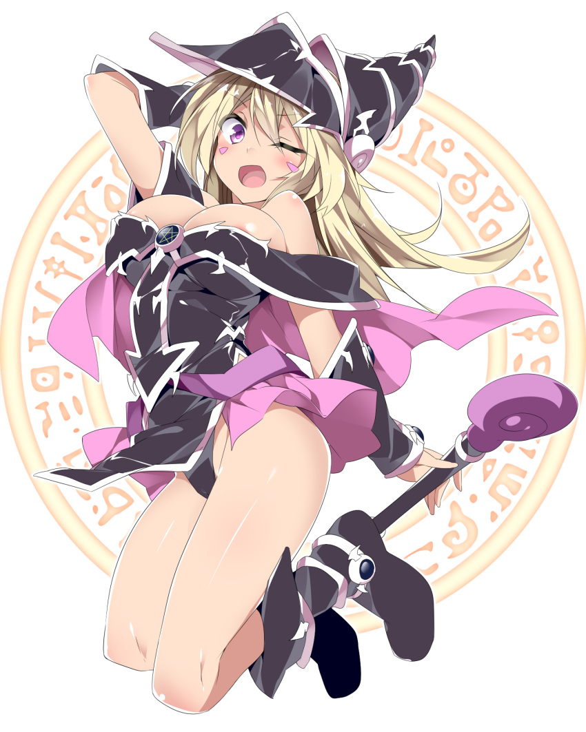 bare_shoulders, blonde_hair, blush_stickers, boots, breasts, choker, cleavage, cosplay