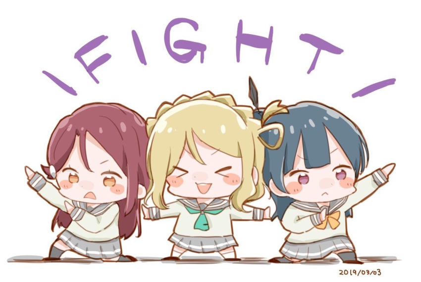 >_<, 3girls, :<, :d, arm_up, bangs, black_feathers, blue_hair