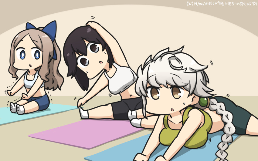 3girls, alternate_costume, asakaze_(kantai_collection), bangs, bare_shoulders, bending_forward, blue_eyes, braid