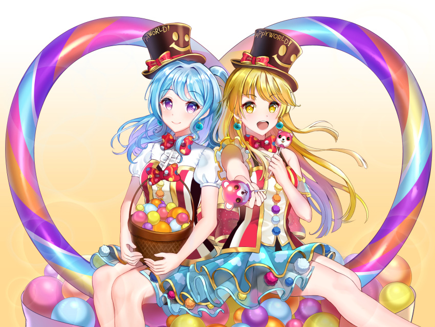 2girls, :d, ball, bang_dream!, bangs, basket, blonde_hair, blue_hair, blue_skirt, bow, bowtie, bubble_background, candy, center_frills, earrings, food, gradient, gradient_background, group_name, hat, hat_bow, headwear_writing, heart, highres, holding_lollipop, incoming_food, jewelry, lollipop, looking_at_viewer, matsubara_kanon, michelle_(bang_dream!), multiple_girls, one_side_up, open_mouth, orange_background, outstretched_hand, polka_dot, polka_dot_bow, polka_dot_neckwear, pom_pom_(clothes), red_bow, red_neckwear, rerin_(rerin913), ringed_eyes, short_sleeves, sidelocks, sitting, skirt, smile, smiley_face, top_hat, tsurumaki_kokoro, vertical-striped_vest, vest, violet_eyes, yellow_eyes