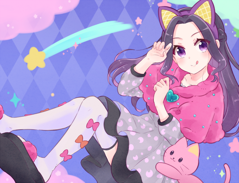 1girl, :q, aikatsu!, aikatsu!_(series), animal_ears, argyle, argyle_background, black_hair