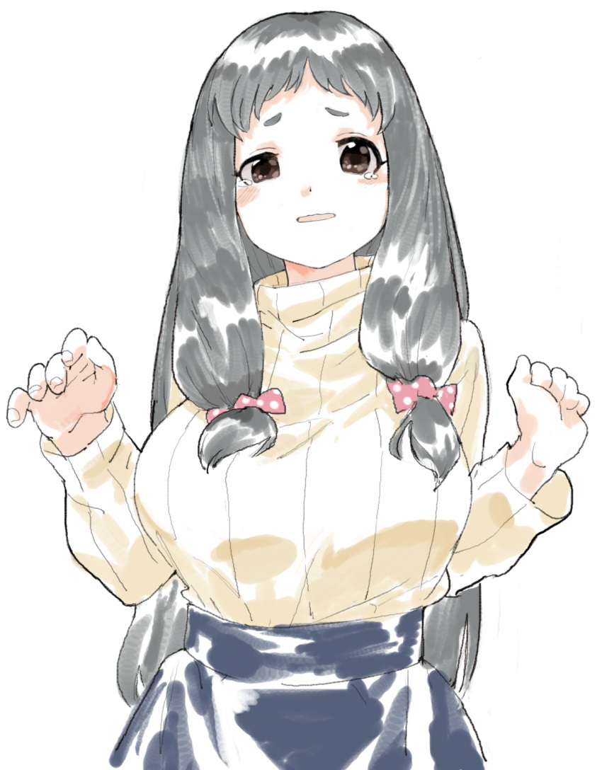 1girl, 2kai_floor, beige_sweater, black_hair, blue_skirt, blush, bow, breasts, brown_eyes, hair_bow, hands_up, highres, idolmaster, idolmaster_cinderella_girls, large_breasts, long_hair, looking_at_viewer, oonuma_kurumi, polka_dot, polka_dot_bow, short_bangs, short_eyebrows, skirt, solo, sweater, tearing_up, turtleneck, turtleneck_sweater, white_background
