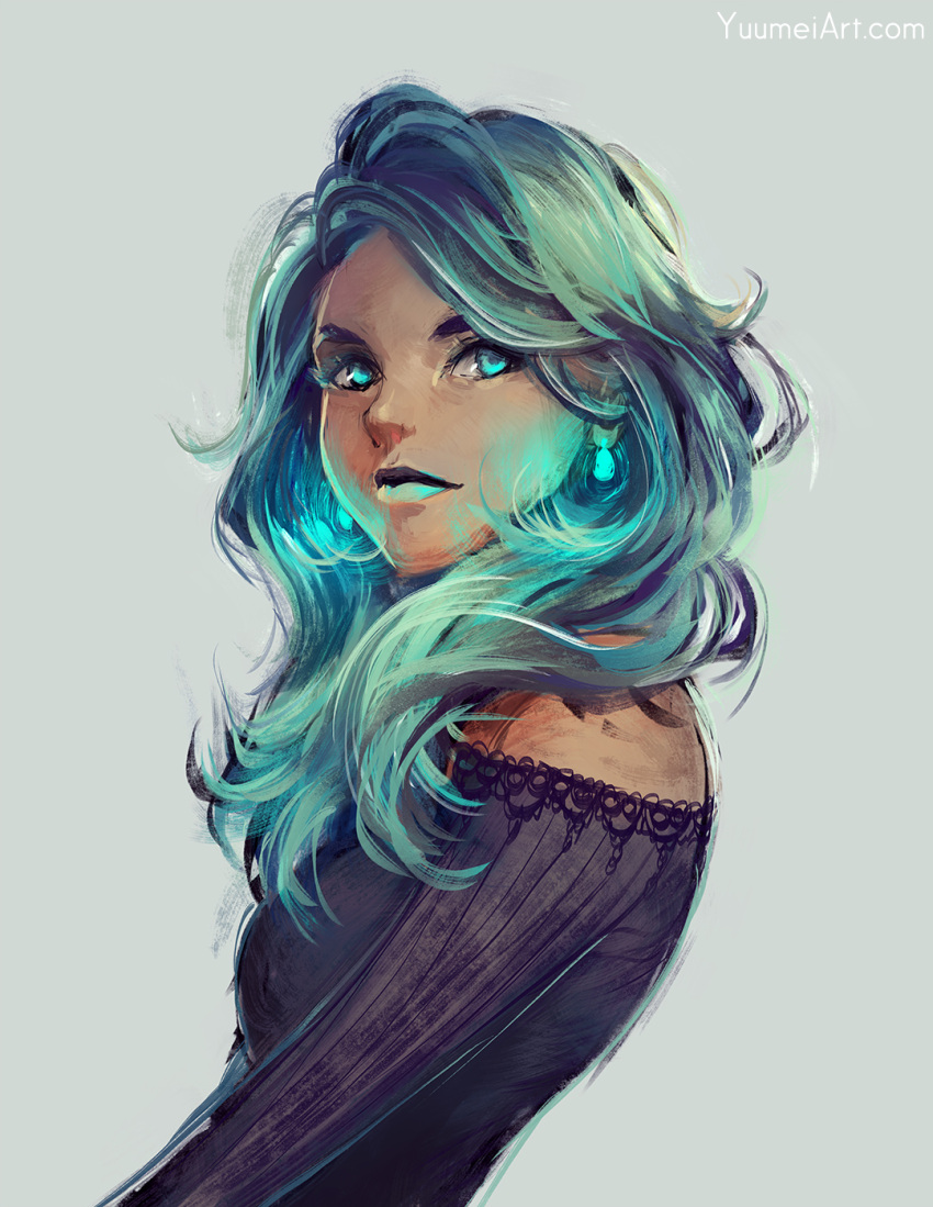 1girl, aqua_eyes, aqua_hair, aqua_lipstick, bare_shoulders, black_blouse, blouse, commentary