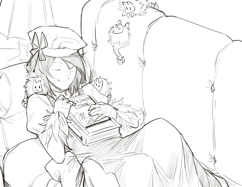 1girl, book, closed_eyes, couch, dress, greyscale, hat, highres, juliet_sleeves, kikimora_(monster_girl_encyclopedia), lamp, less, long_dress, long_sleeves, lying, medium_hair, mofucore, monochrome, monster_girl, monster_girl_encyclopedia, on_back, puffy_sleeves, scales, sketch, smile