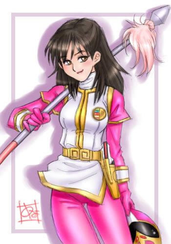 1girl, artist_request, belt, black_hair, bodysuit, brown_eyes, gloves, gosei_sentai_dairanger