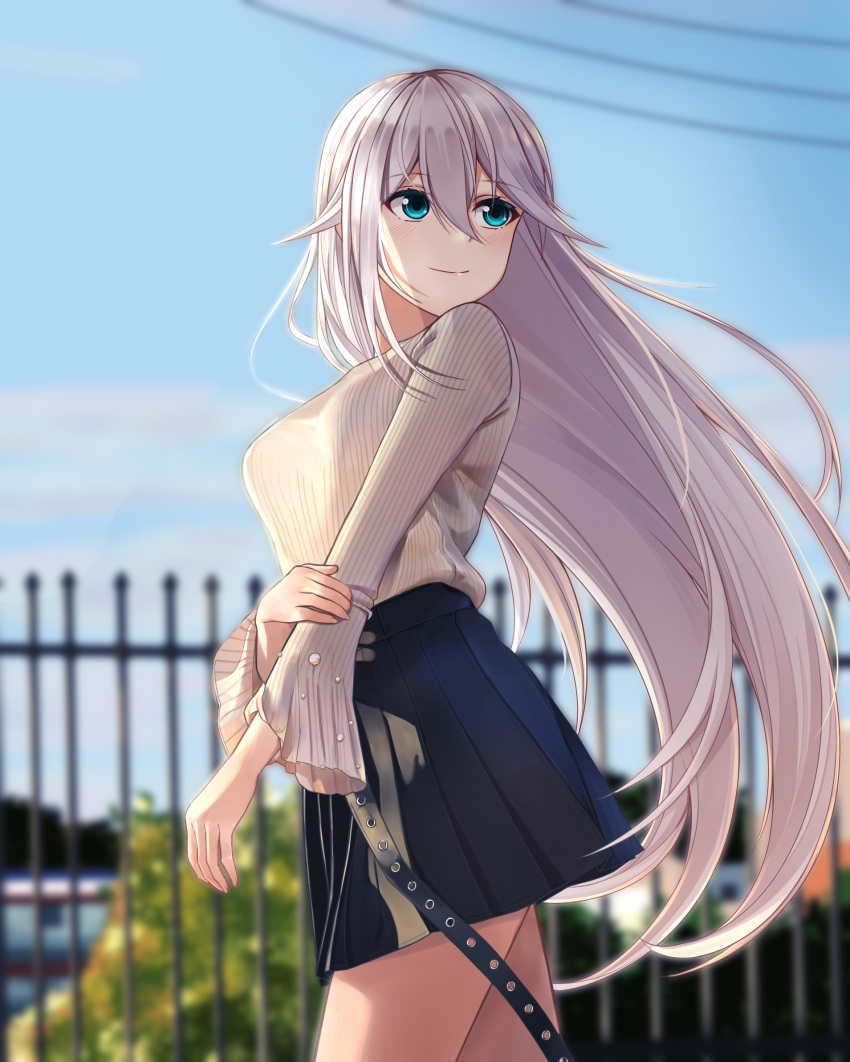 aircell, alternate_costume, bangs, black_skirt, blue_eyes, blue_sky, blurry, blurry_background