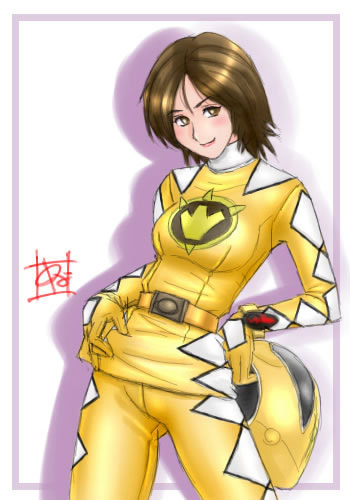 1girl, abare_yellow, bakuryuu_sentai_abaranger, belt, bodysuit, brown_eyes, brown_hair, female, gloves, helmet, ranru_itsuki, sentai, short_hair, skirt, solo, super_sentai