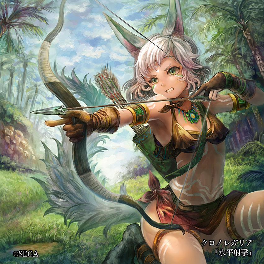 1girl, animal_ears, armlet, arrow, blue_sky, bow_(weapon), breasts, brown_gloves
