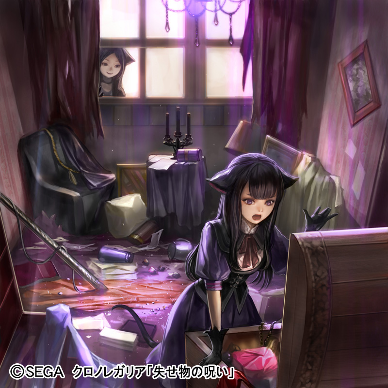 2girls, animal_ears, black_gloves, black_hair, candlestand, chest, chrono_regalia, company_name