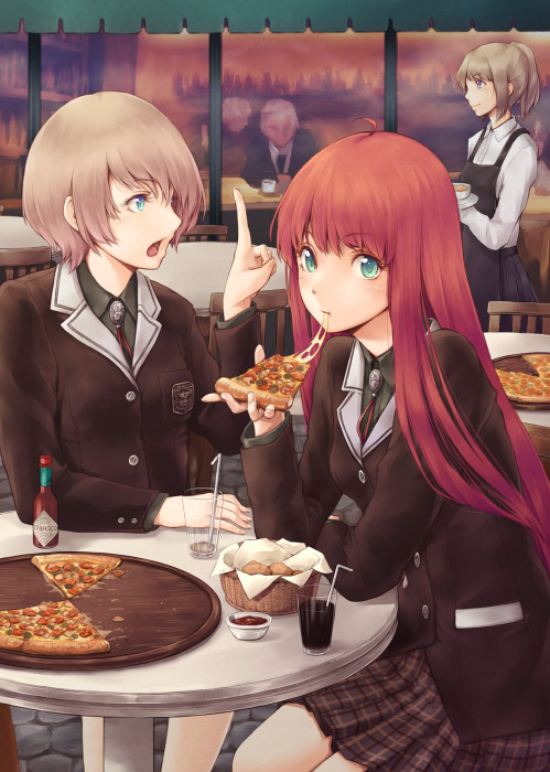 blue_eyes, eating, face, food, green_eyes, long_hair, looking_at_viewer, lulu_(shoutarou)