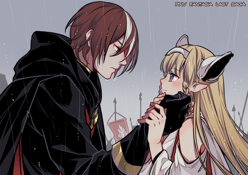 1boy, 1girl, army, blonde_hair, blue_eyes, blush, braid, brown_hair