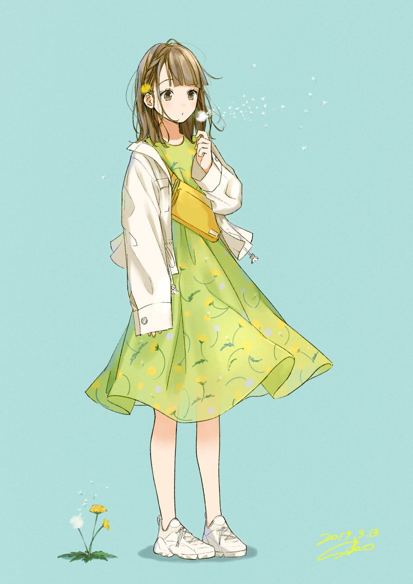 1girl, 2019, :o, absurdres, arm_at_side, bag, bare_legs, blowing