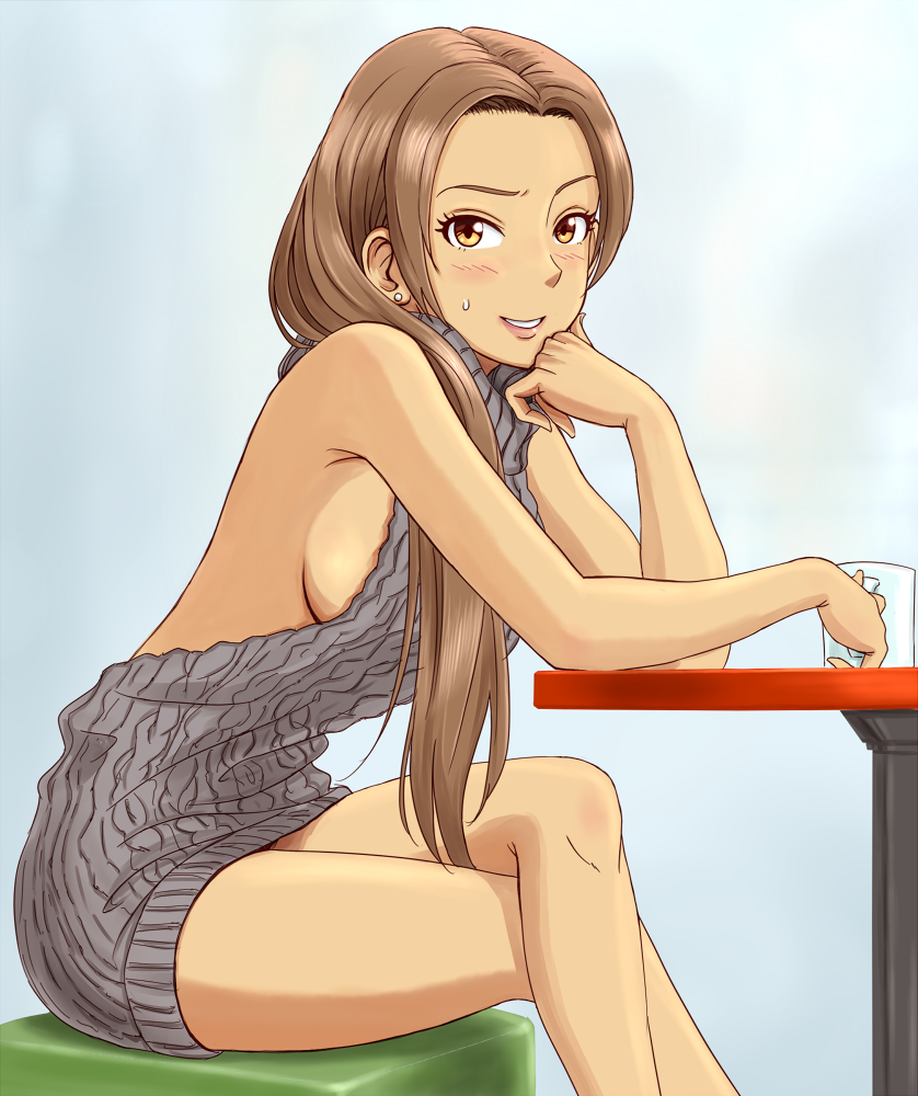1girl, anbj, backless_outfit, blush, breasts, brown_eyes, brown_hair, cup, earrings, grey_background, grey_sweater, hair_over_shoulder, holding, holding_cup, idolmaster, idolmaster_cinderella_girls, jewelry, legs_crossed, long_hair, looking_at_viewer, matsunaga_ryou, medium_breasts, meme_attire, ribbed_sweater, sideboob, simple_background, sitting, sleeveless, smile, solo, sweatdrop, sweater, very_long_hair, virgin_killer_sweater