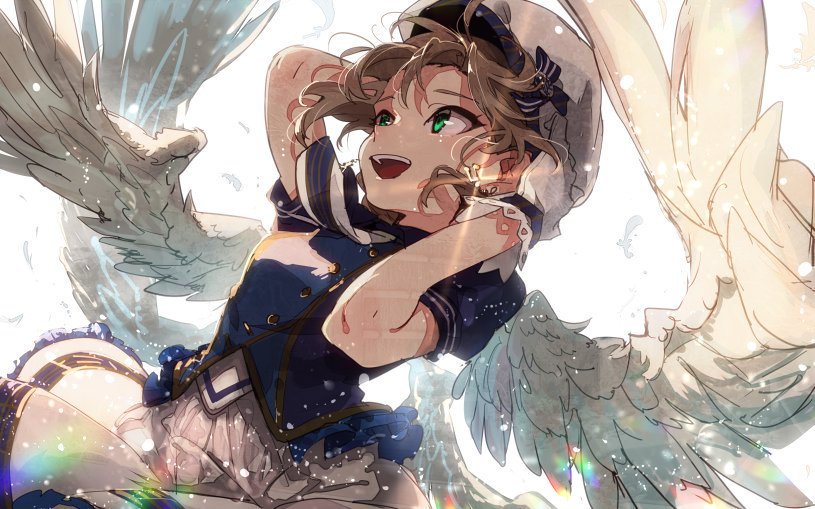 1girl, angel_wings, blue_bow, blue_shirt, bow, brown_hair, character_request, earrings