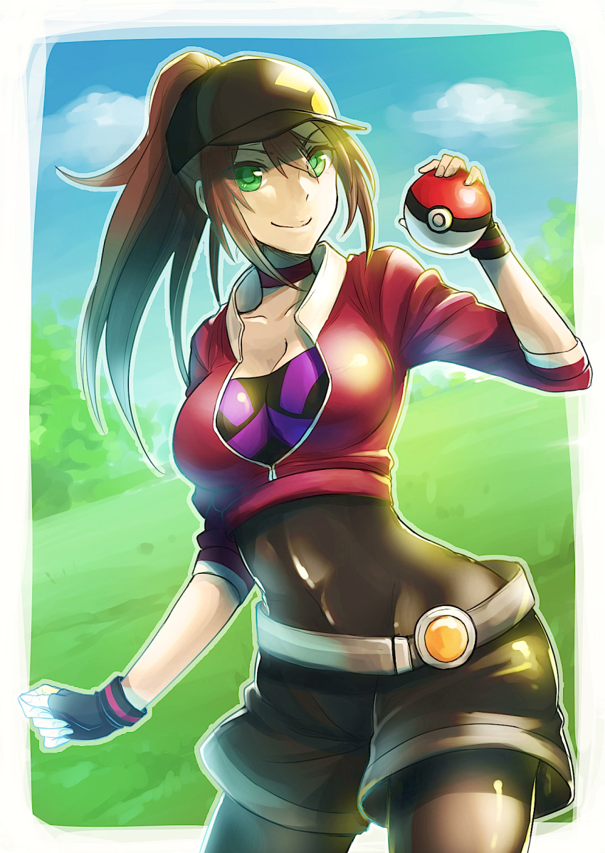1girl, black_bodysuit, black_hat, black_shorts, bodysuit, bodysuit_under_clothes, breasts, brown_hair