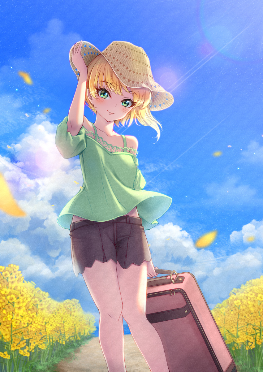 1girl, arm_up, asymmetrical_hair, black_shorts, blonde_hair, blue_sky, breasts, cleavage