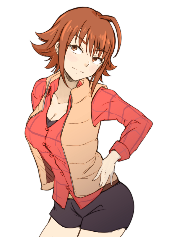 1girl, ahoge, black_shorts, breasts, brown_eyes, brown_hair, cleavage, collarbone, cowboy_shot, dress_shirt, eyebrows_visible_through_hair, hair_between_eyes, hand_on_hip, head_tilt, idolmaster, idolmaster_cinderella_girls, leaning_forward, medium_breasts, nishijima_kai, plaid, plaid_shirt, red_shirt, shirt, short_hair, short_shorts, shorts, simple_background, sketch, smile, solo, standing, unu_(unucence), white_background