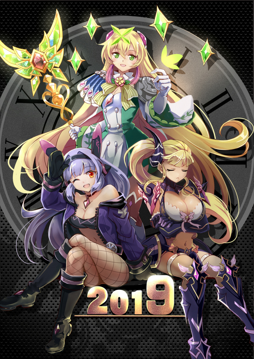 2019, :<, arm_support, armor, armored_boots, black_choker, black_footwear, black_hairband, black_mittens, blonde_hair, boots, breasts, bug, butterfly, challenger_dominiel, choker, cleavage, clock, closed_eyes, commander_lorina, crop_top, crossed_arms, destina_(epic7), dominiel_nixed, epic7, faulds, fishnet_legwear, fishnets, gloves, green_eyes, green_neckwear, hair_ornament, hairband, highres, insect, jacket, large_breasts, lavender_hair, legs_crossed, long_hair, long_sleeves, lorina_(epic7), lreliax, mittens, navel, one_eye_closed, open_clothes, open_jacket, open_mouth, pauldrons, pelvic_curtain, purple_armor, purple_gloves, purple_jacket, red_eyes, roman_numerals, shoulder_armor, side_ponytail, sitting, smile, staff, thigh-highs, thigh_boots, thigh_strap, very_long_hair, white_gloves, zipper