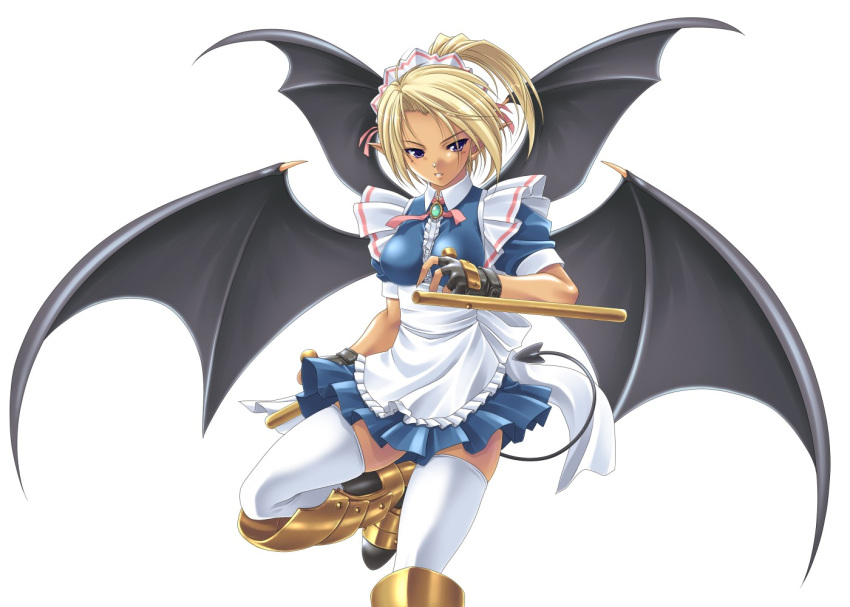 blonde_hair, dark_skin, demon_girl, fingerless_gloves, gloves, kuroneko_sakon, long_hair, maid