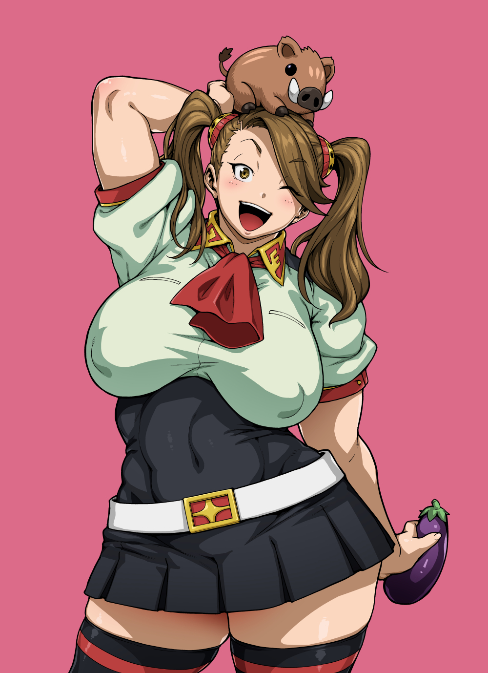 1girl, alternate_legwear, belly, belt, belt_buckle, blush, boar, breasts