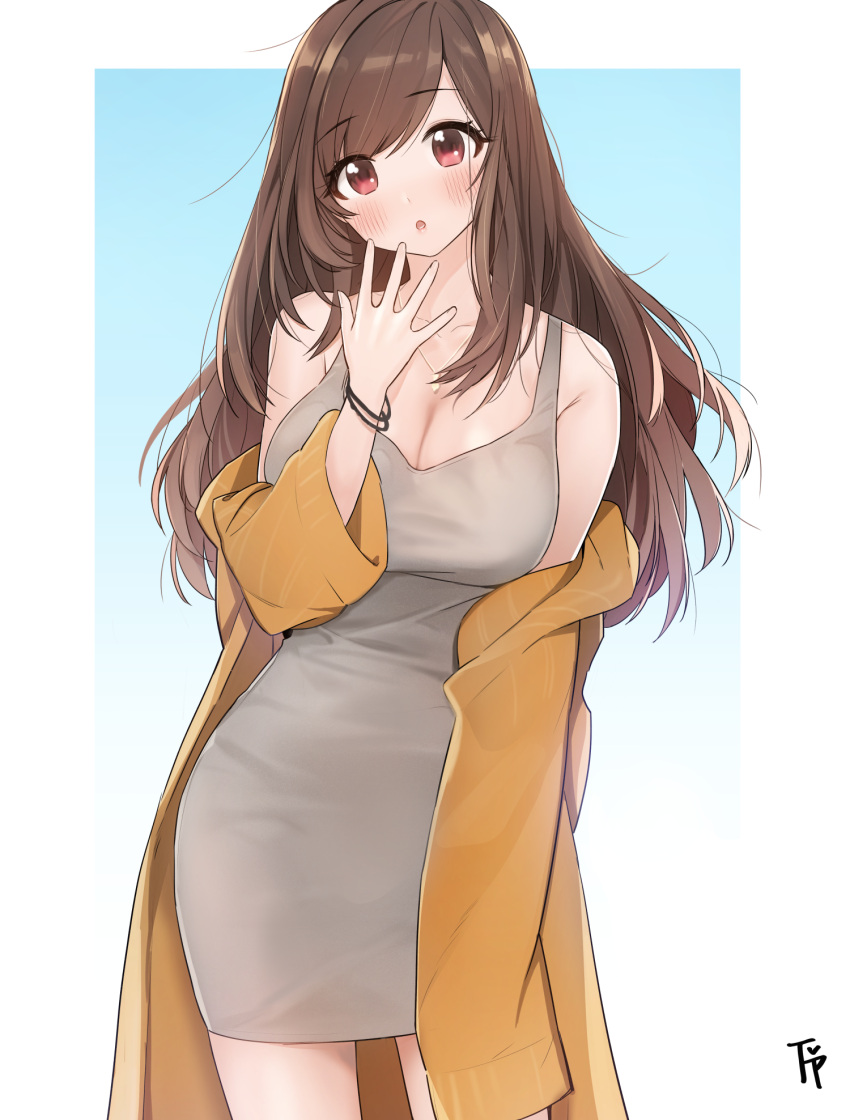 1girl, :o, bangs, bare_shoulders, blue_background, blush, breasts, brown_hair