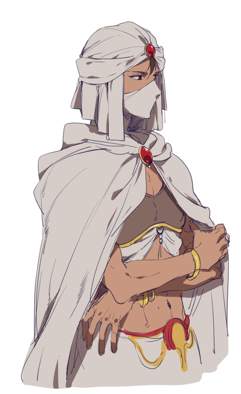cape, dark_skin, dark_skinned_male, final_fantasy, final_fantasy_ii, gem, jewelry, looking_away, minwu, nakagawa_waka, red_eyes, ring, turban, white_background, white_cape