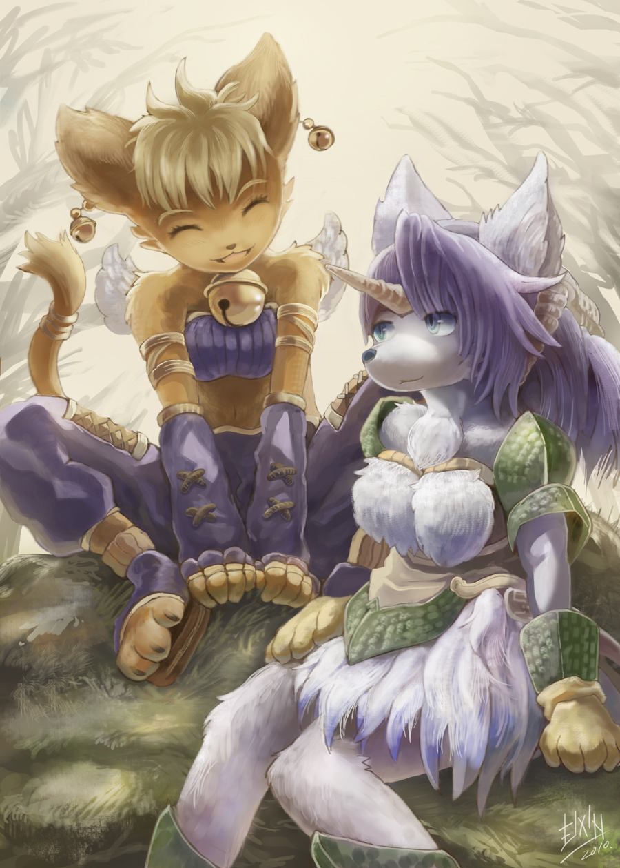 2girls, animal_ears, armor, bell, blonde_hair, blue_eyes, brown_hair, cat