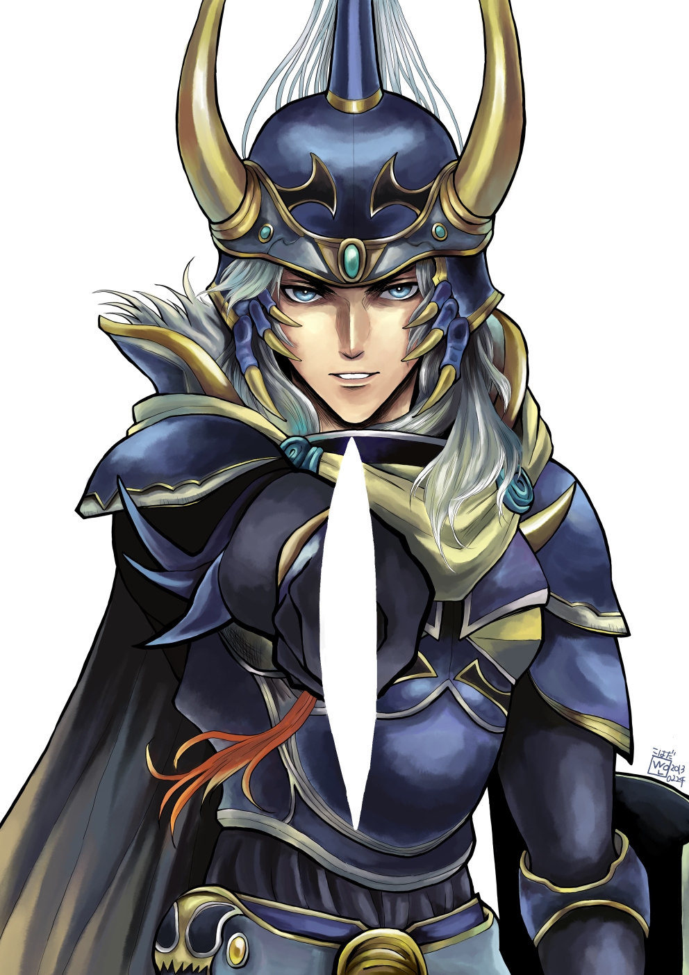 1boy, aiming_at_viewer, armor, blue_eyes, blue_theme, cape, dissidia_012_final_fantasy, dissidia_final_fantasy