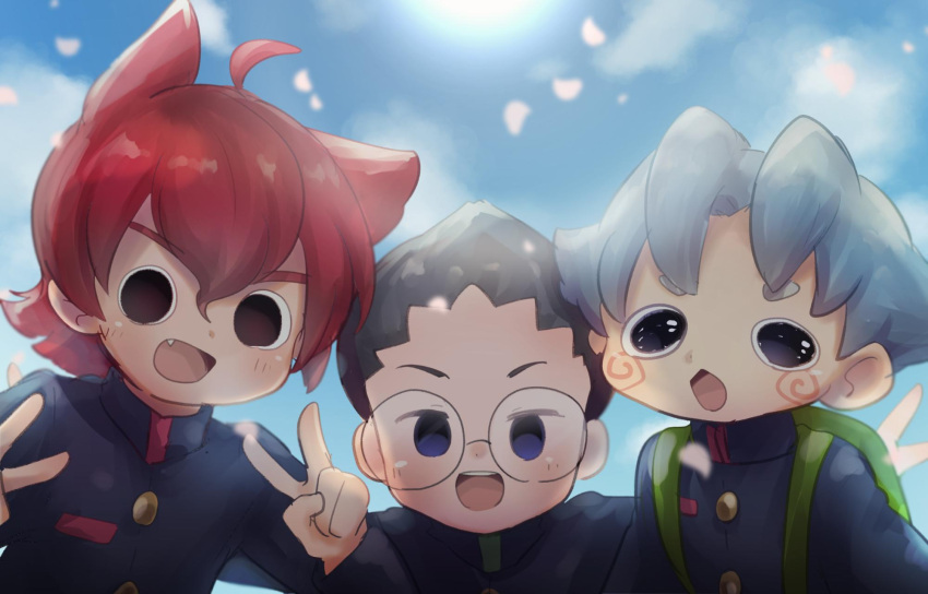3boys, backpack, bag, black_hair, blue_hair, blue_sky, double_v, eiga_youkai_watch_jam:_youkai_gakuen_y_-_neko_wa_hero_ni_nareru_ka