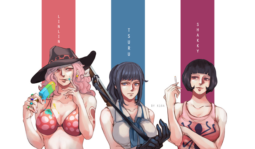 3girls, adjusting_clothes, adjusting_gloves, arm_tattoo, bangs, bare_arms, bare_shoulders, bikini_top