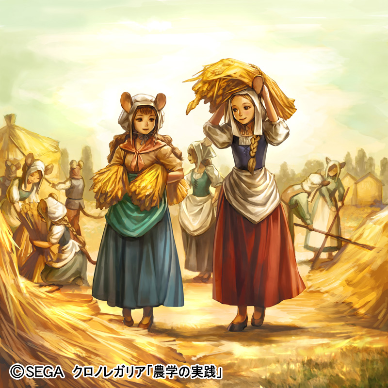 3boys, 6+girls, animal_ears, apron, blonde_hair, blue_skirt, blue_sky, braid
