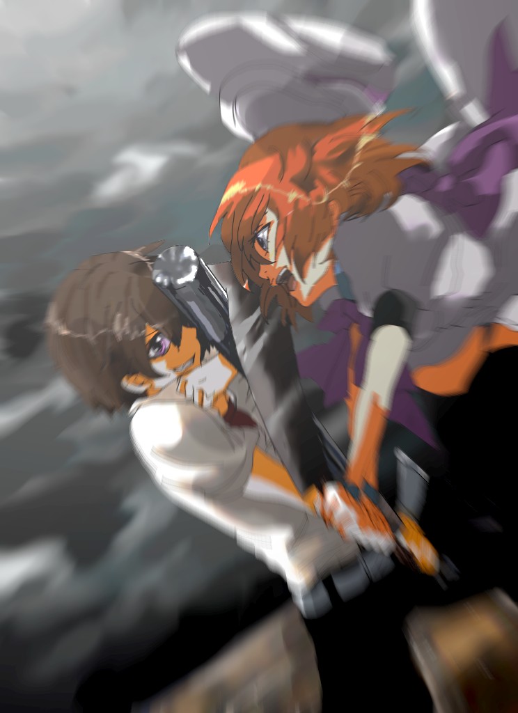 1girl, :d, baseball_bat, battle, belt, billhook, blue_eyes, brown_hair, cloudy_sky, dress, dress_shirt, dutch_angle, grin, hat, hat_removed, headwear_removed, higurashi_no_naku_koro_ni, maebara_keiichi, motion_blur, open_mouth, orange_hair, pants, purple_eyes, ryuuguu_rena, shirt, short_hair, short_sleeves, smile, thigh-highs, thighhighs, tsumihoroboshi-hen, wristband