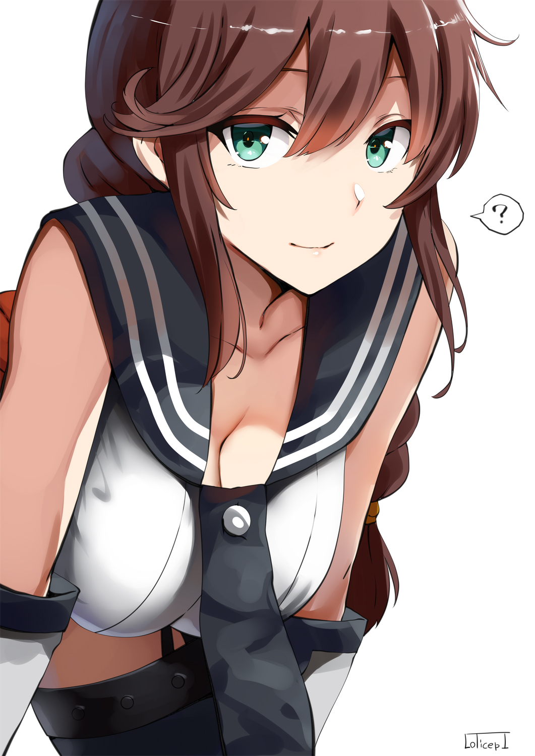 1girl, ?, bangs, bare_shoulders, blush, braid, breasts, brown_hair