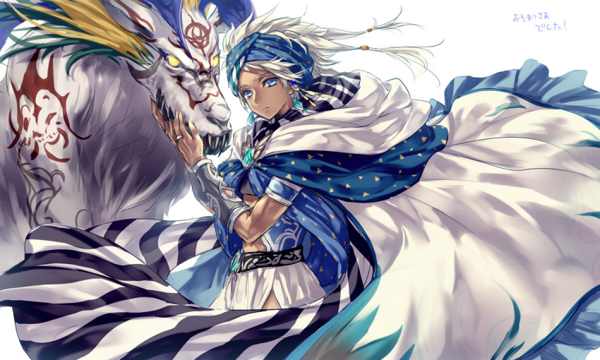 1boy, bandanna, blue_bandana, blue_cape, blue_eyes, blue_hair, body_piercings, bracelet