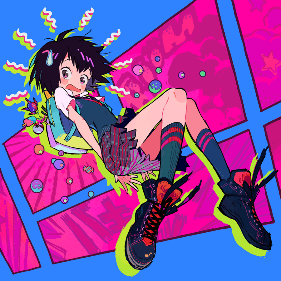 1girl, backpack, bag, black_hair, black_legwear, blush, candy, food