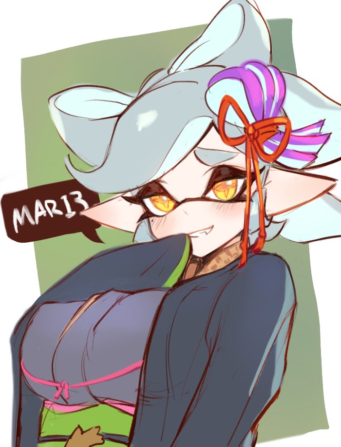 +_+, 1girl, blush, breasts, domino_mask, earrings, erect_nipples, fang, furrowed_eyebrows, grey_kimono, grin, hair_ornament, hair_rings, hand_up, haori, japanese_clothes, jewelry, jtveemo, kimono, large_breasts, long_sleeves, marie_(kimono)_(splatoon), marie_(splatoon), mask, mole, mole_under_eye, nintendo, obi, pointy_ears, sash, short_hair, silver_hair, sleeves_past_fingers, sleeves_past_wrists, smile, solo, splatoon, splatoon_(series), splatoon_2, symbol-shaped_pupils, teeth, tentacle_hair, upper_body, yellow_eyes