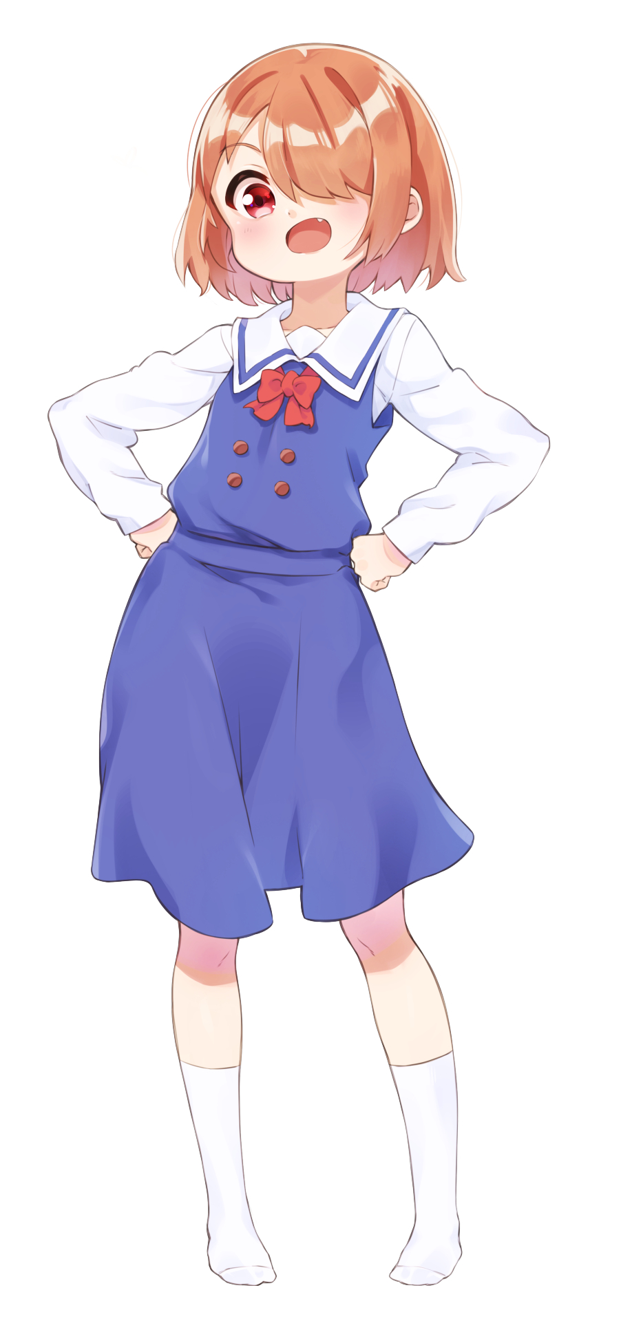 1girl, alternate_hairstyle, blue_dress, brown_hair, commentary_request, dress, fang, full_body