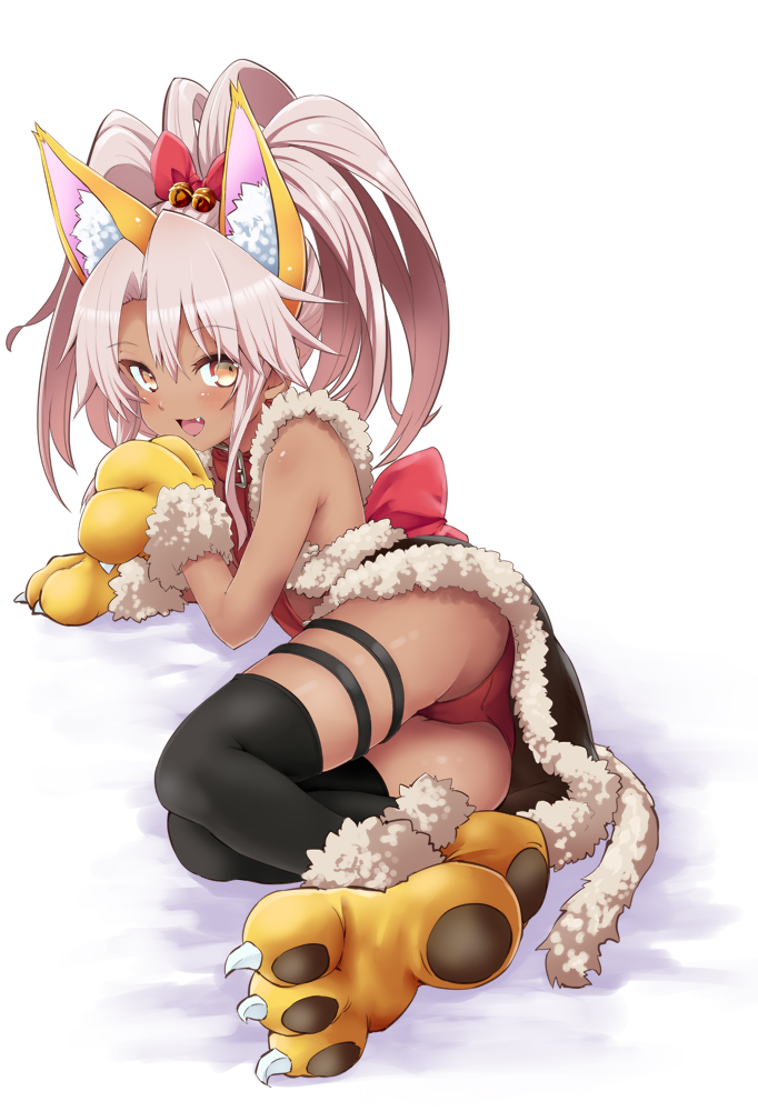 1girl, :d, animal_ear_fluff, animal_ears, ass, bangs, bare_shoulders, bell