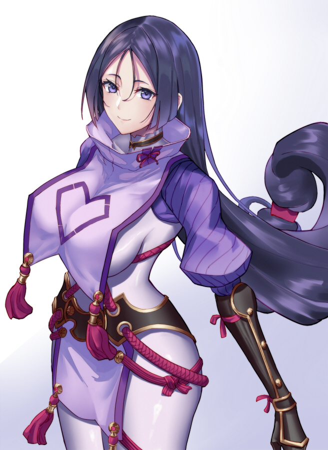 arm_guards, bangs, black_gloves, bodysuit, breasts, closed_mouth, covered_navel, curvy