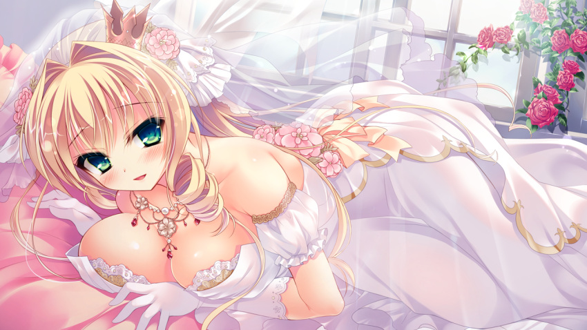1girl, bed, blonde_hair, blush, bridal_veil, bride, crown, dress, drill_hair, flower, frilled_pillow, frills, game_cg, gloves, green_eyes, hair_flower, hair_ornament, hinata_mutsuki, jewelry, long_dress, long_hair, looking_at_viewer, love_love_princess, lying, marigold_bruette_erland, mini_crown, necklace, on_side, pillow, rose, ruby_(gemstone), smile, solo, veil, wedding_dress, white_dress, white_gloves, window