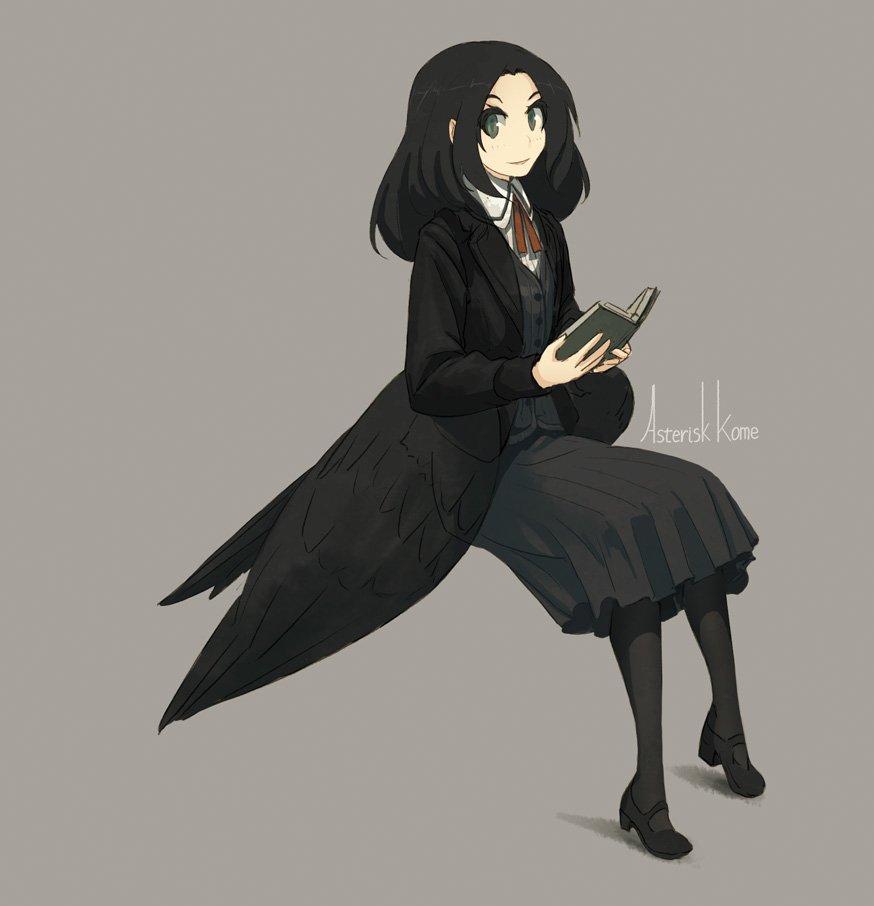 1girl, asterisk_kome, black_hair, book, green_eyes, long_skirt, low_wings, mary_janes