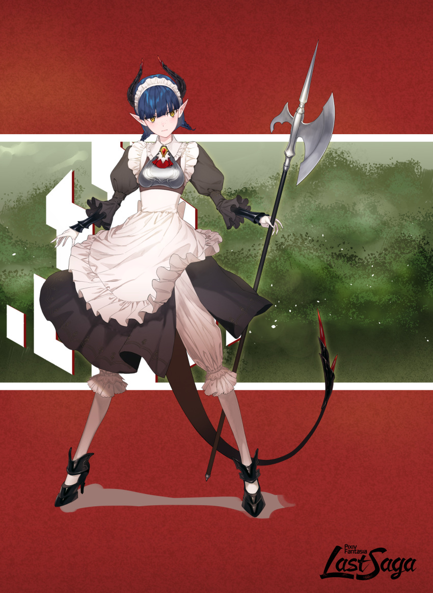 1girl, absurdres, axe, black_dress, black_footwear, blue_hair, boobplate, braid