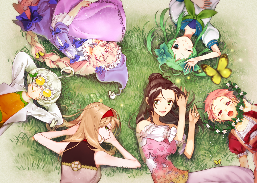 6+girls, :d, :o, ;), ahoge, arm_up, arms_behind_head, blue_bow