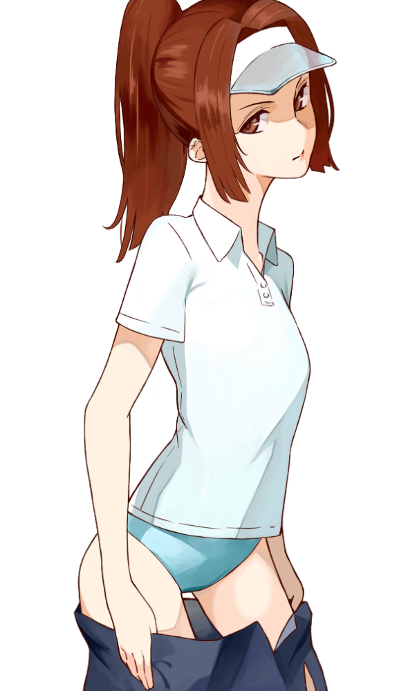 1girl, blue_panties, brown_eyes, brown_hair, cicari, collared_shirt, high_ponytail, long_hair