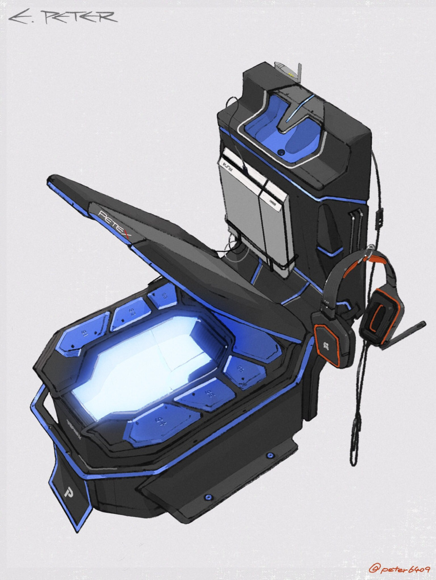 game_console, glowing, headphones, highres, monochrome_background, no_humans, original, peter_(peter6409)