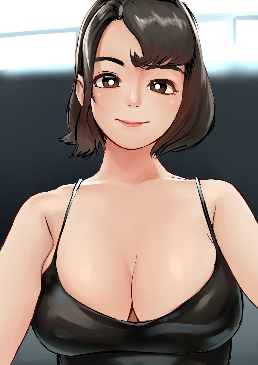 1girl, absurdres, bangs, bare_shoulders, black_swimsuit, blurry, blurry_background, breasts